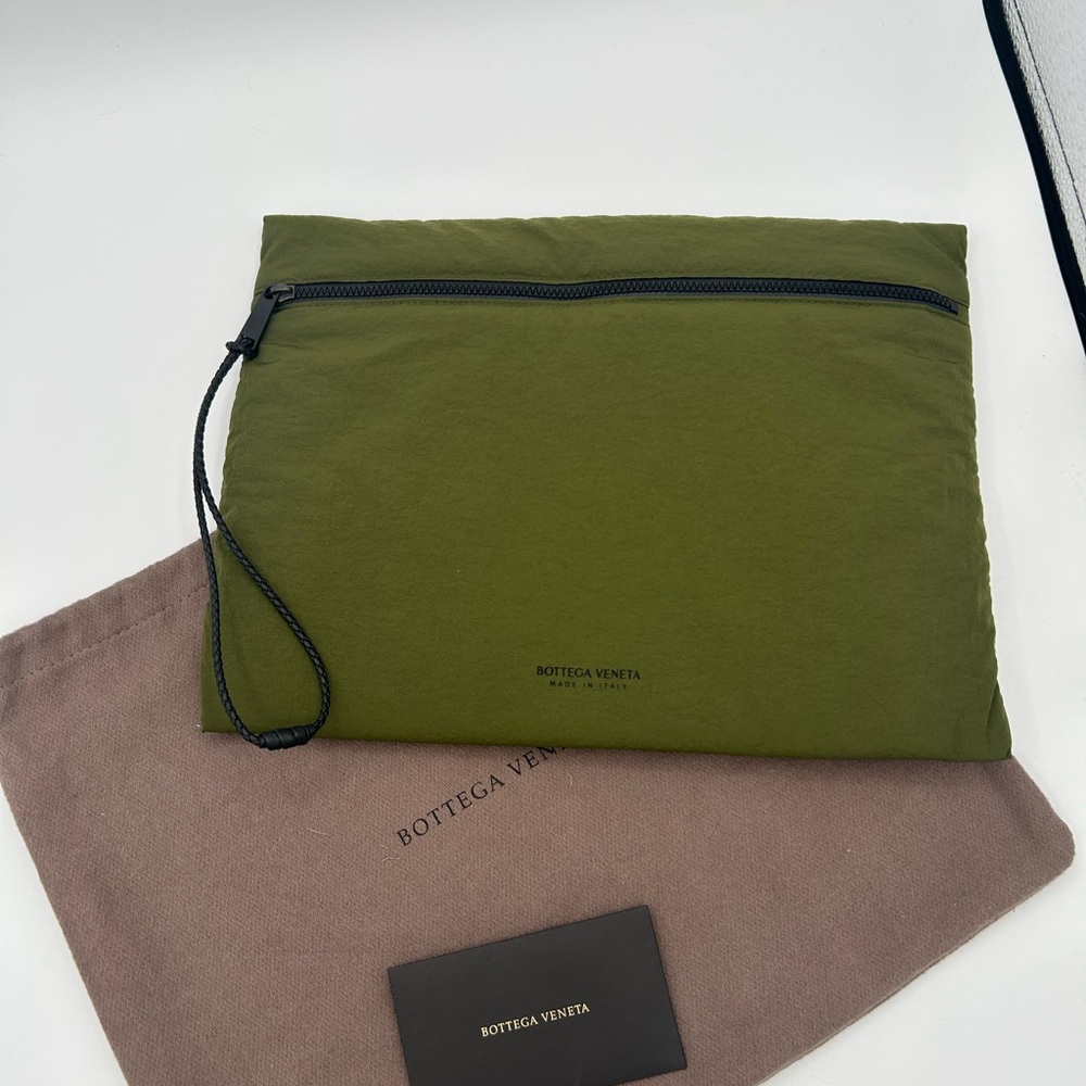 Bottega Veneta Olive Green Nylon Wristlet Pouch with Black Trim